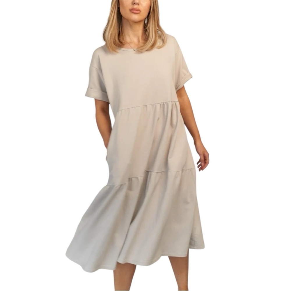 Charli London Talia Beige Midi Tiered T-Shirt Dress